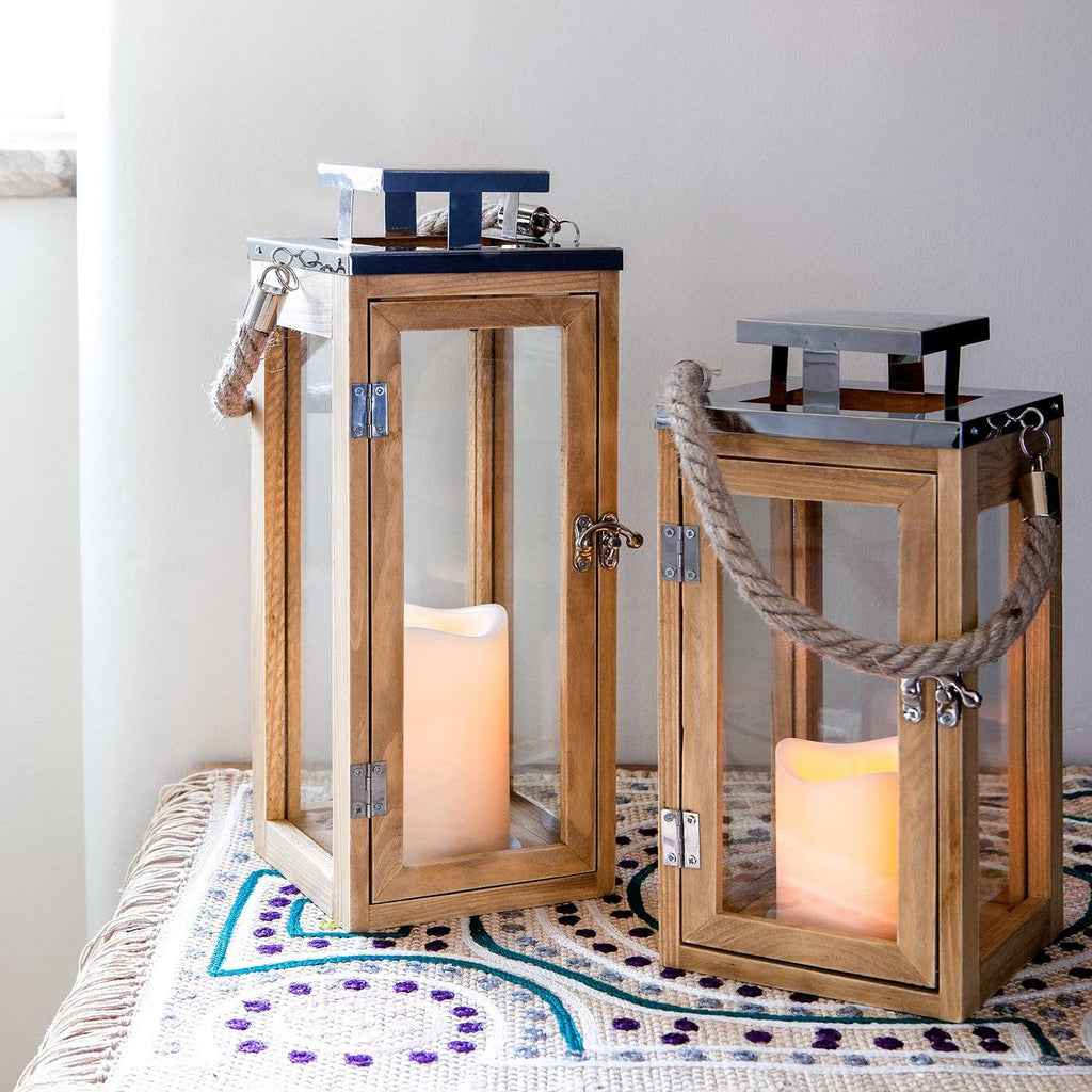 Large Wooden Battery Operated LED Flameless Candle Lantern G4852