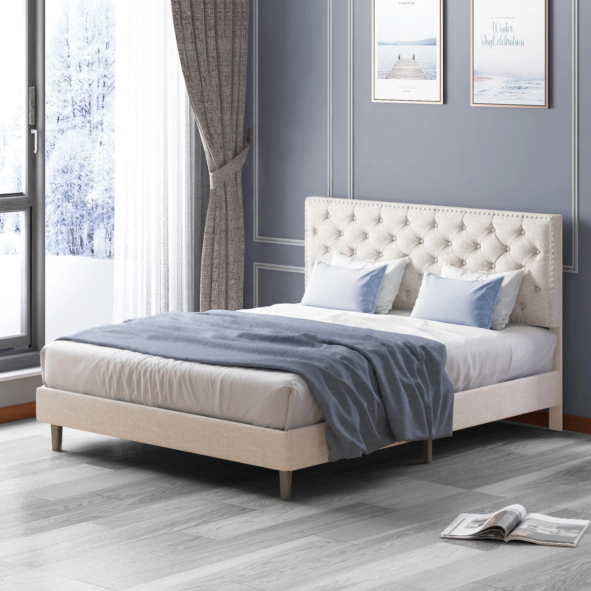 King Size Upholstered Platform Bed Frame with Headboard M3758