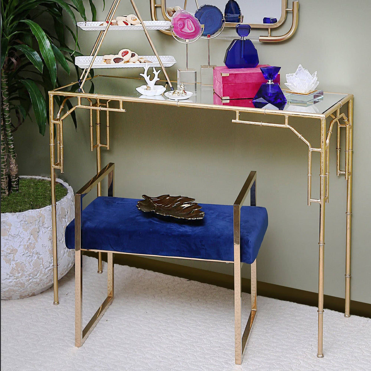 Navy/Gold Velveteen Bench with Handles L5263