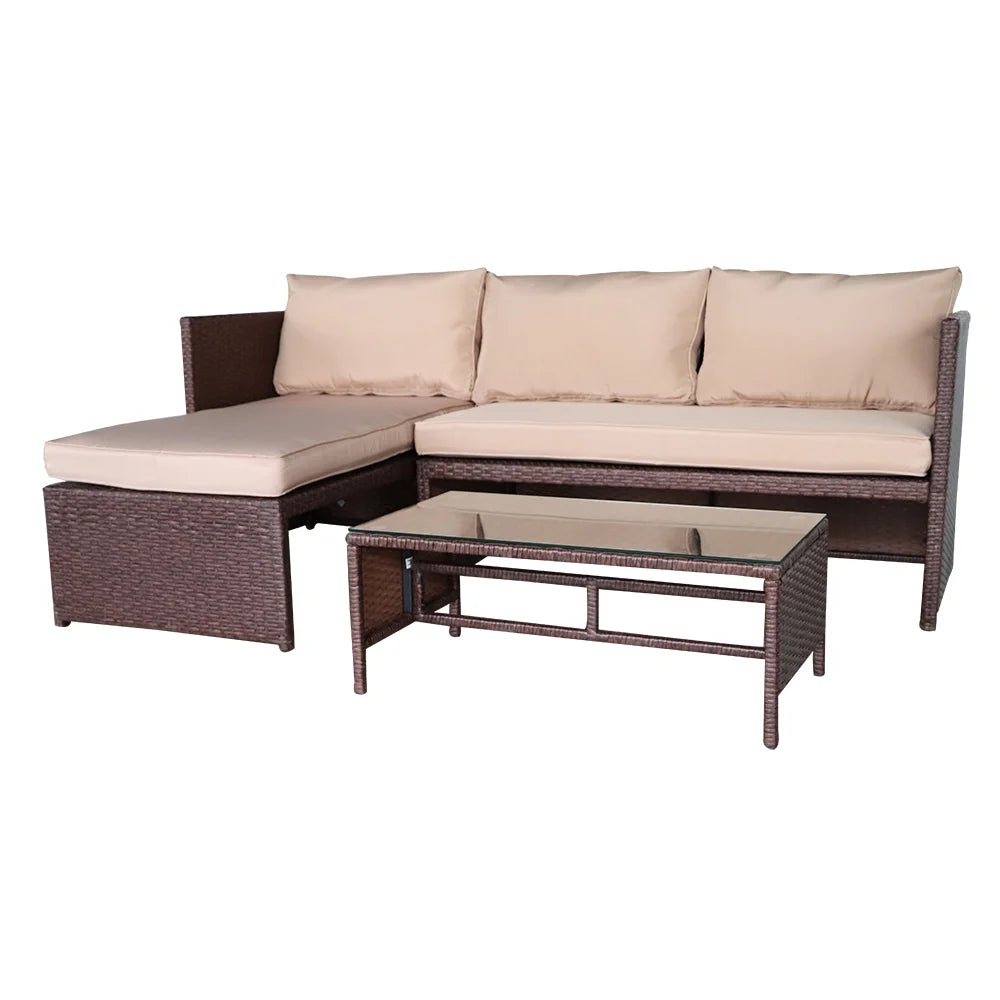 Rattan Sofa 3 Pieces Wood PE Wicker Ottoman With Coffee Table Patio Sofa Set U606824