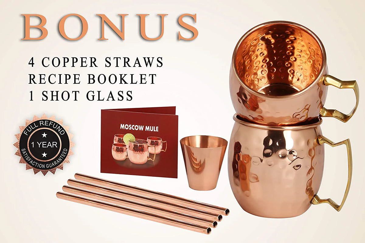 4 Handcrafted Copper Mugs & 4 Copper Straws & Shot Glass Q2616