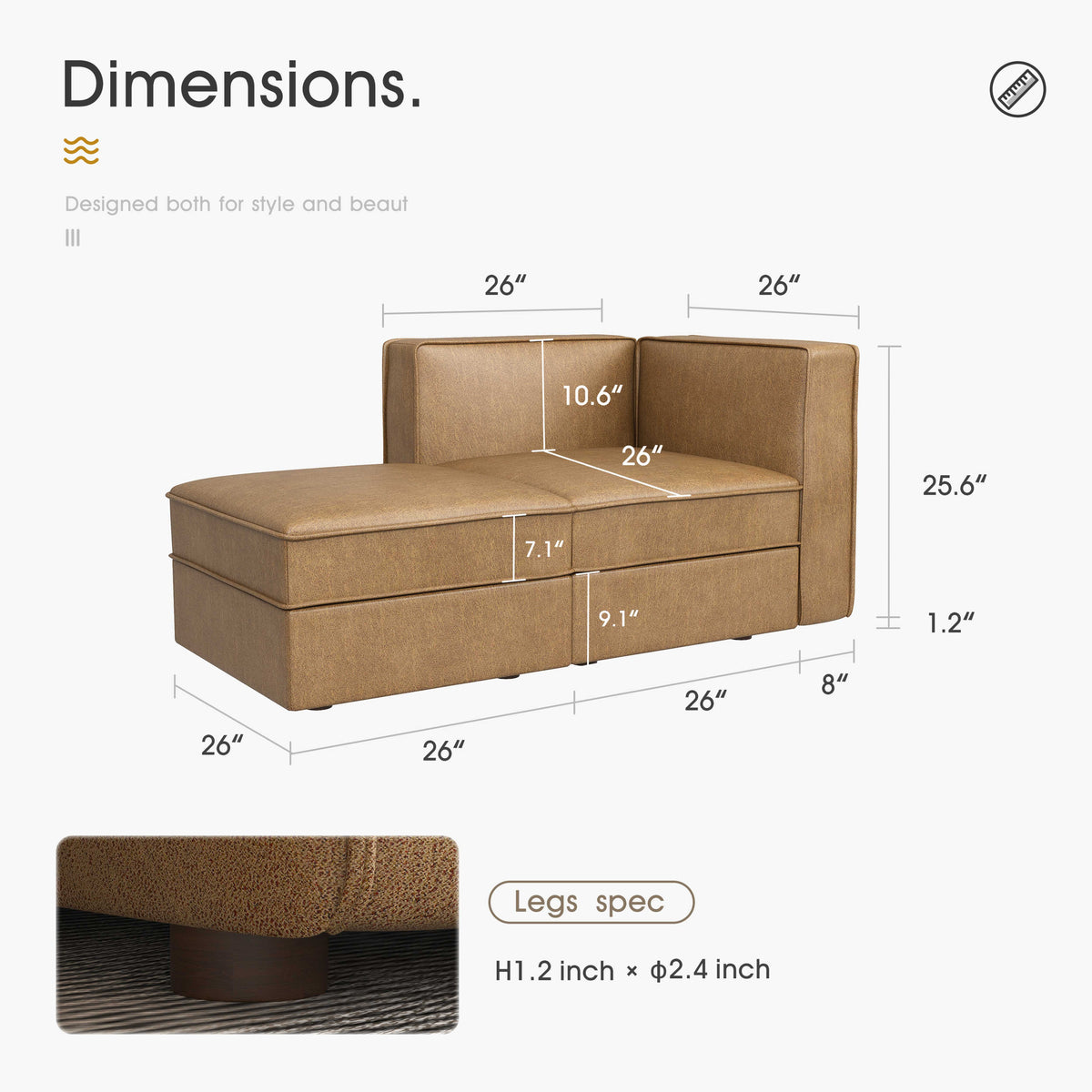 Modular Sectional Couch Sofa with Reversible Storage Chaise, Caramel Brown P530934
