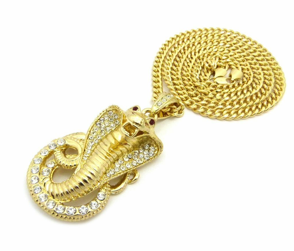 Gold Plated Cubic Zirconia Snake Pendant & 30" Cuban Chain Necklace B6941