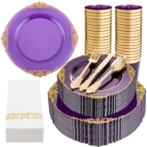 350PCS Clear Gold Plastic Plates Dinnerware Sets L5189