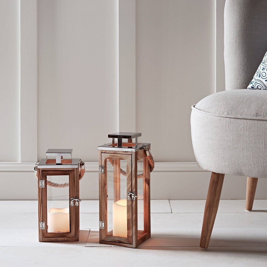 Large Wooden Battery Operated LED Flameless Candle Lantern G4852