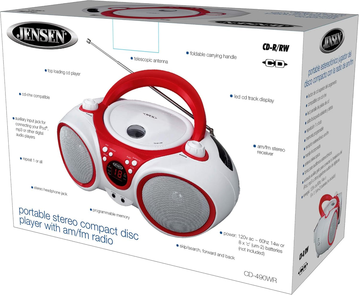 White/Red Portable Stereo Boombox with CD Player, AM/FM Radio, Pack of 2 R1114