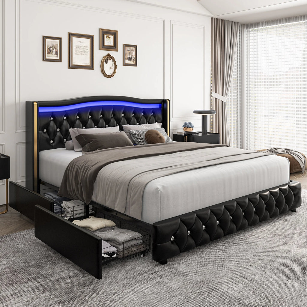 White Queen Size LED Bed Frame with 4 Storage Drawers E6306