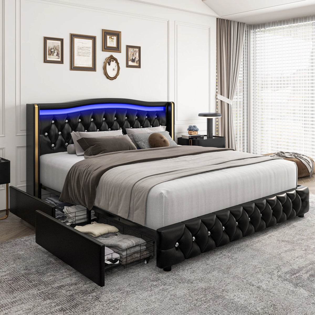 White Queen Size LED Bed Frame with 4 Storage Drawers E6306