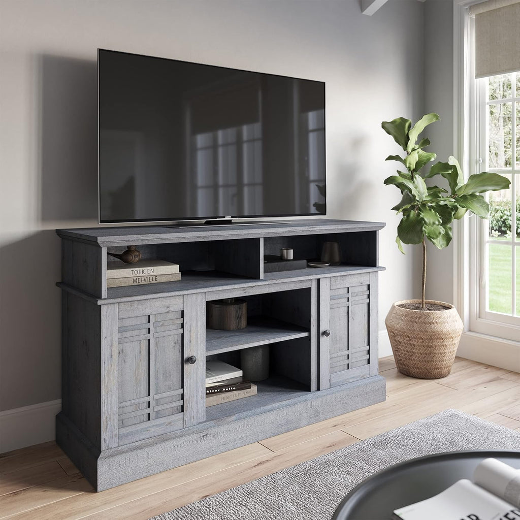 Gray Wash Wood TV Stand with Open Storage Shelves & Cabinets E420644