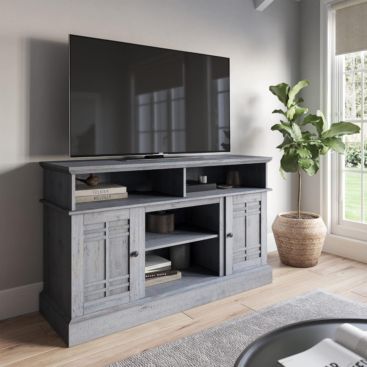 Gray Wash Wood TV Stand with Open Storage Shelves & Cabinets E420644
