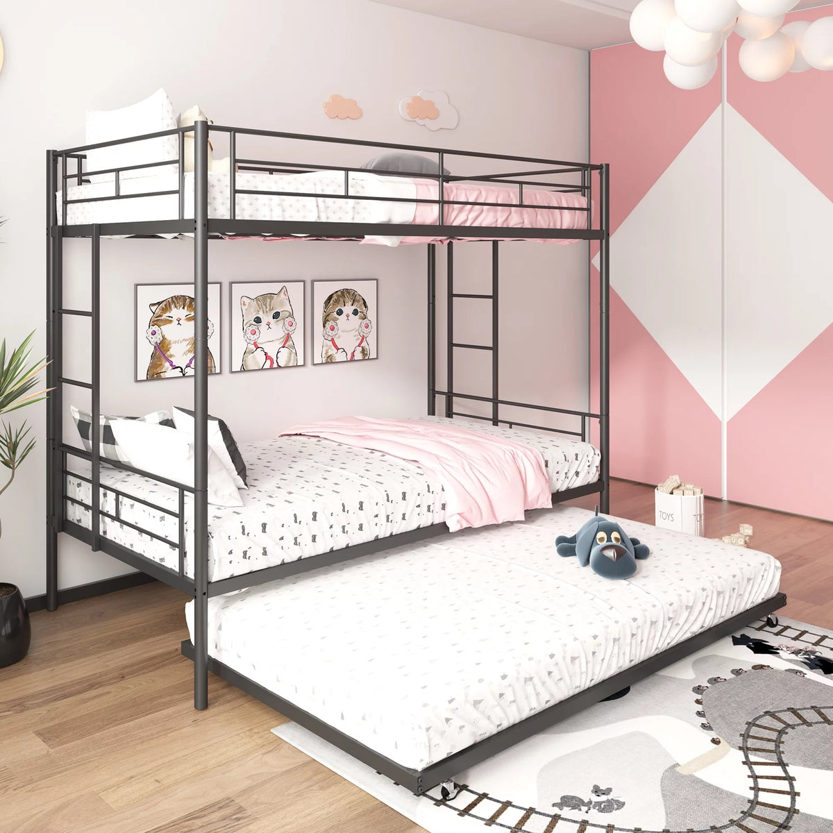 Black Twin Over Twin Metal Bunk Bed with Trundle R264293