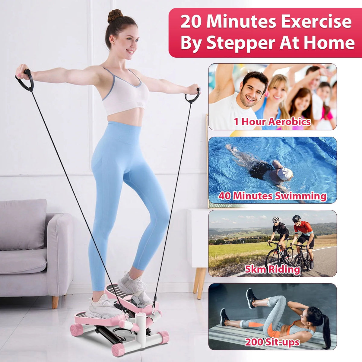 Pink Portable Mini Stepping Machine with Resistance Band Q48337