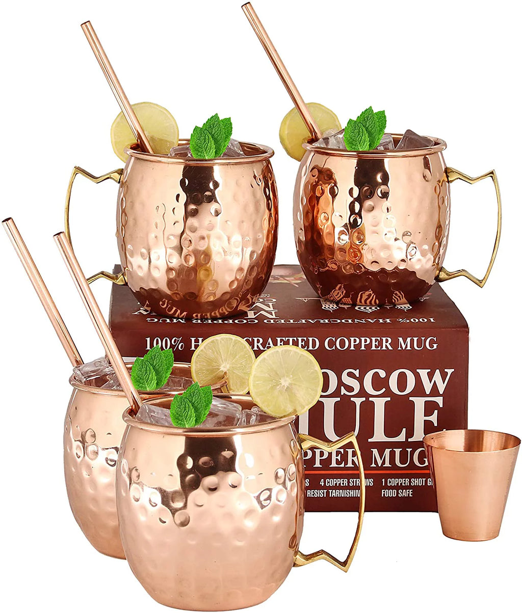 4 Handcrafted Copper Mugs & 4 Copper Straws & Shot Glass Q2616