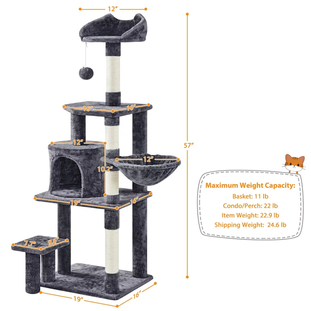 57" Multi Level Cat Tree with Basket & Condo & Scratching, Dark Gray N716150