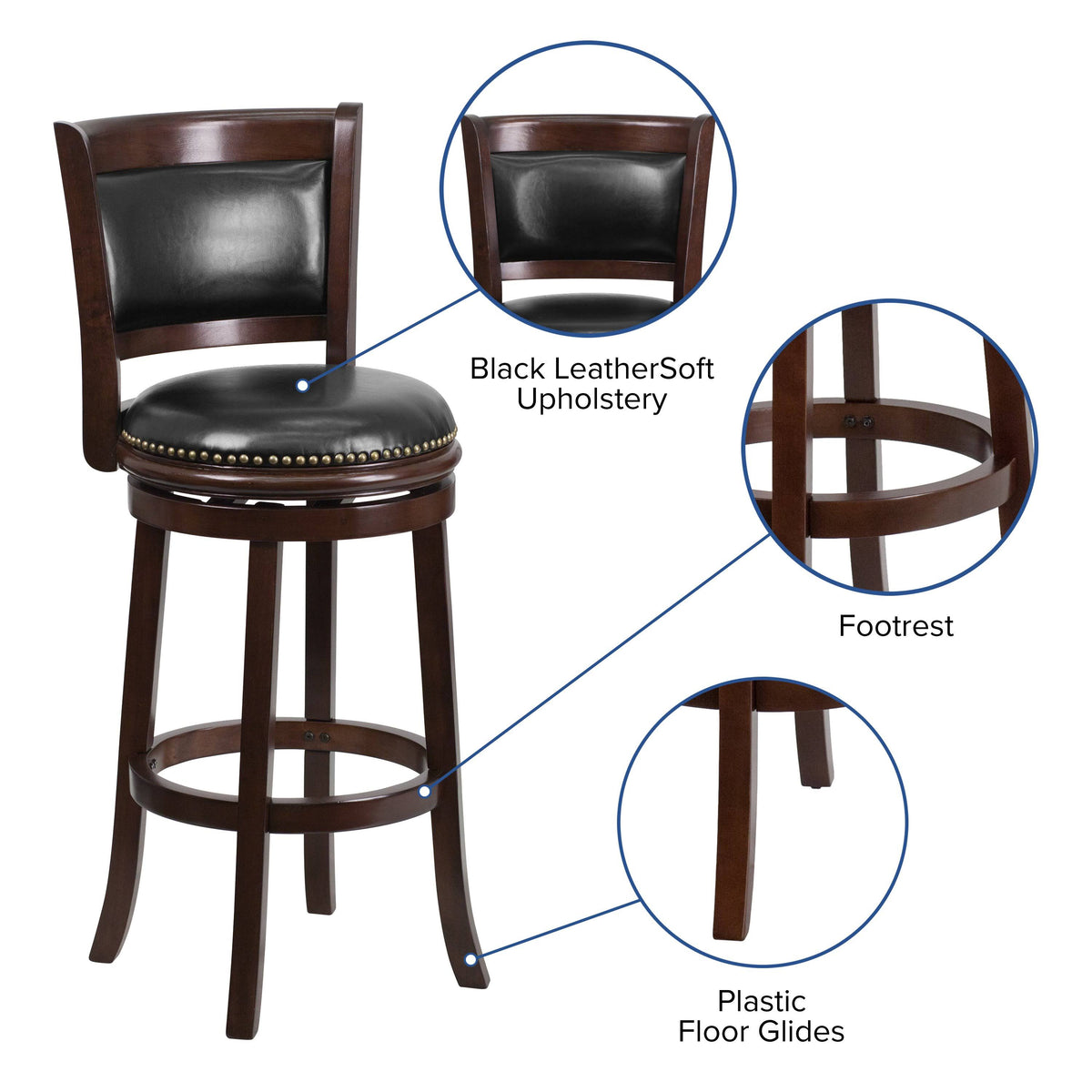 Cappuccino Wood Barstool with Black Leather Swivel Seat U337244