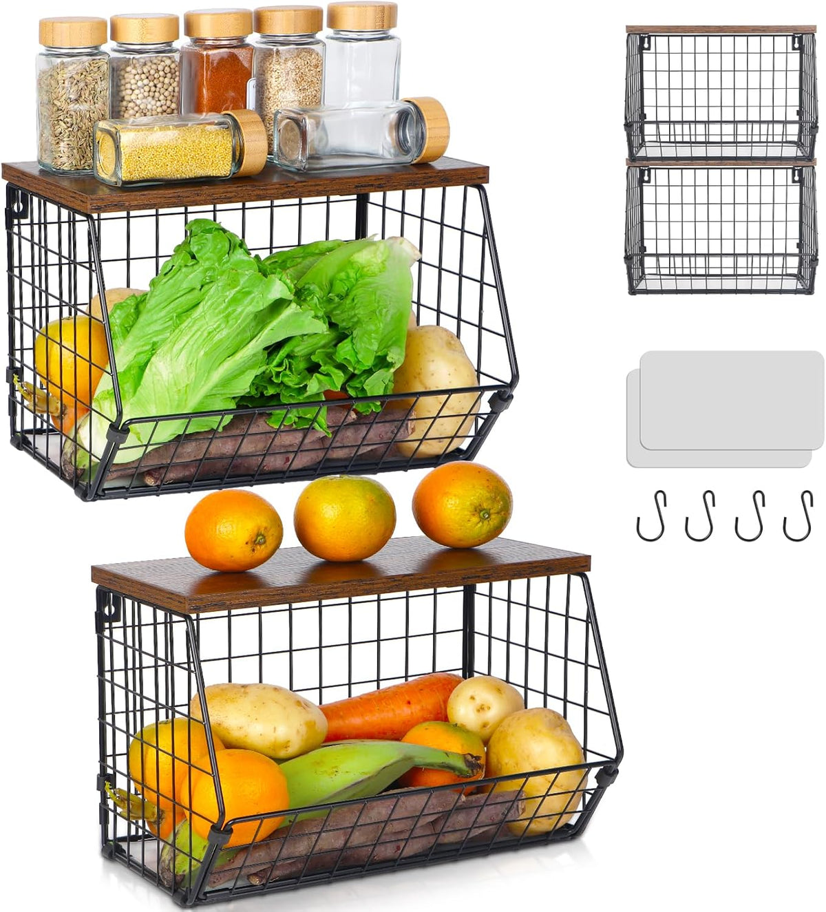 2 Tier Wire Fruit Basket with Wooden Lid B272