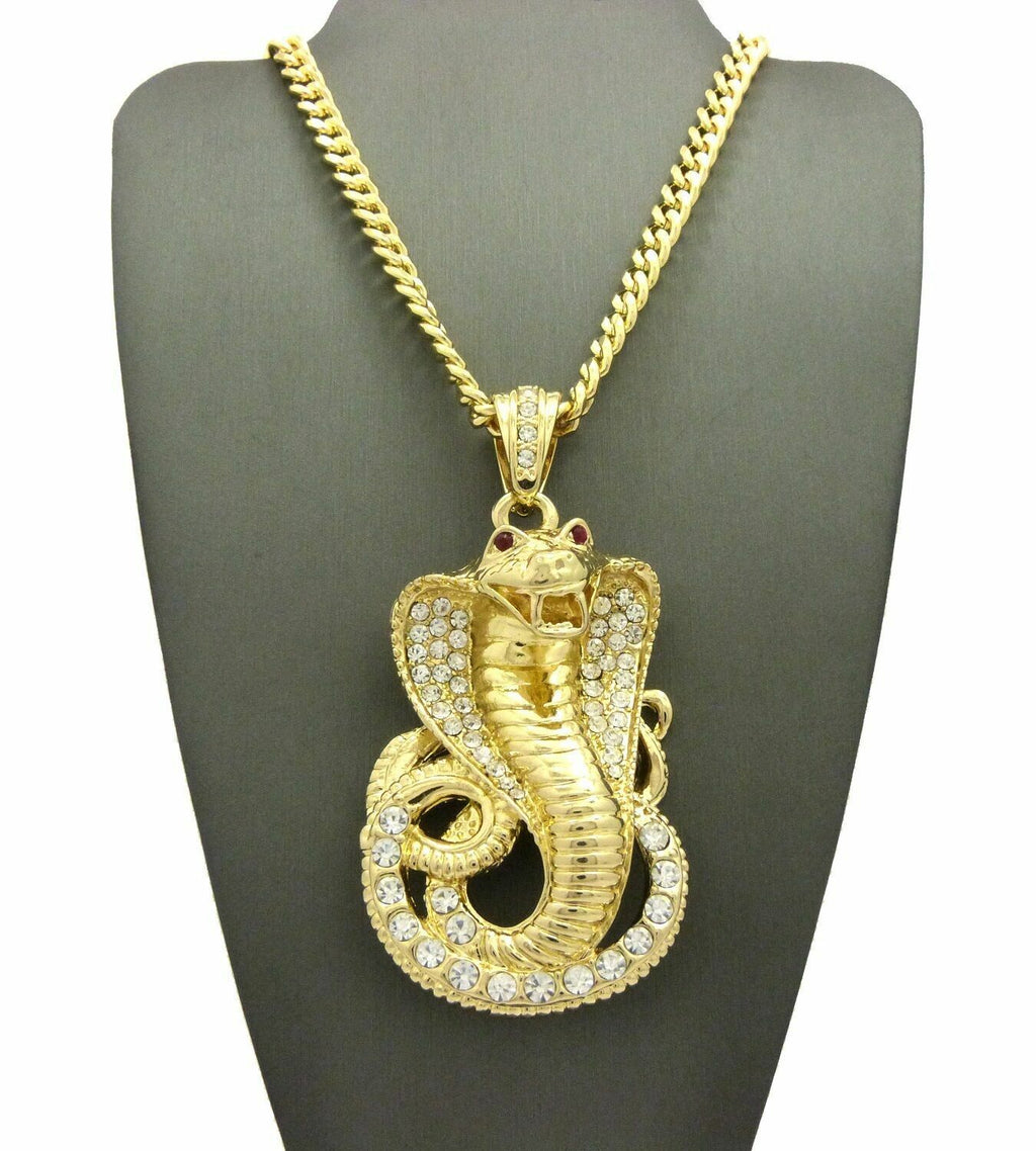 Gold Plated Cubic Zirconia Snake Pendant & 30" Cuban Chain Necklace B6941