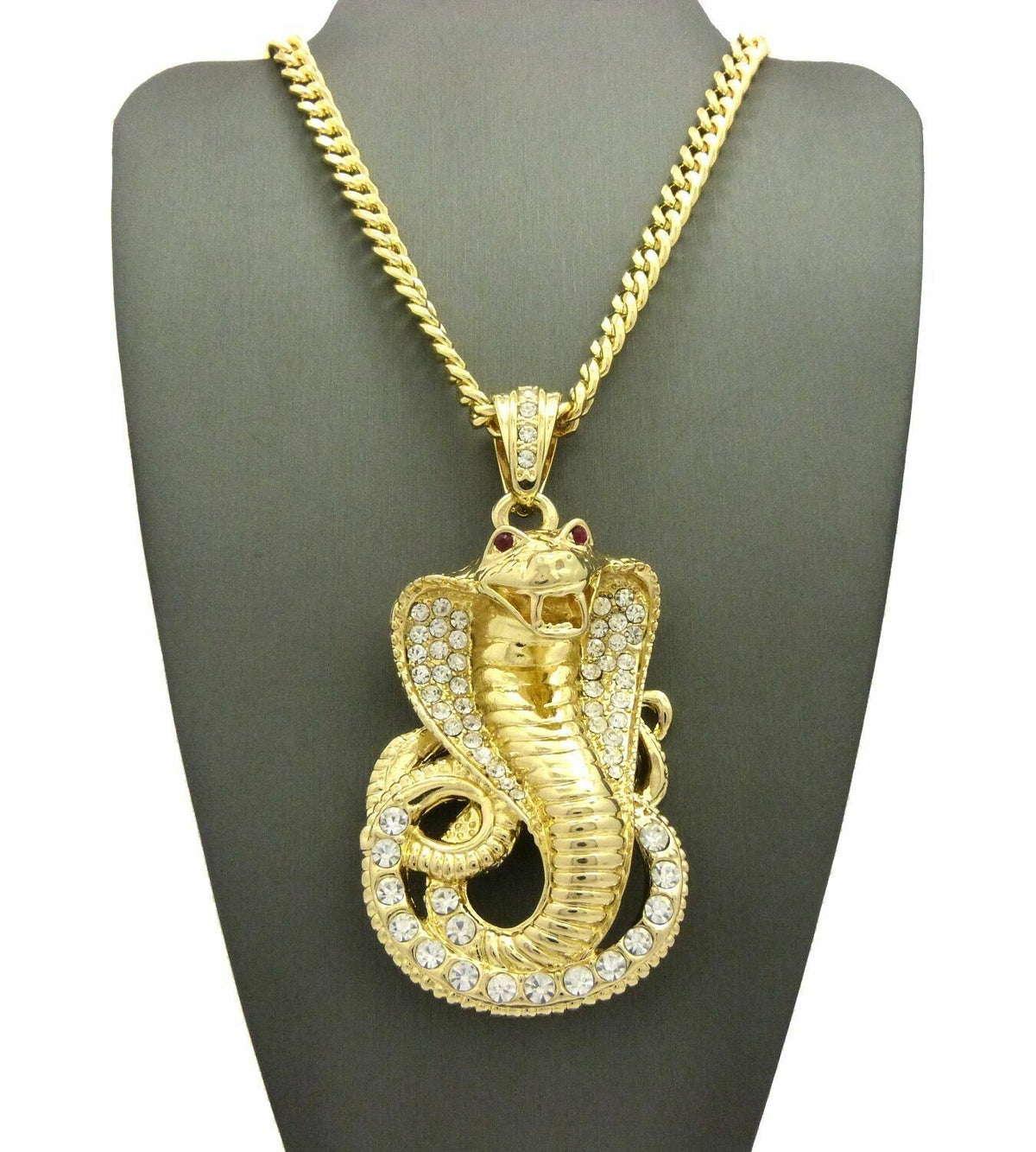 Gold Plated Cubic Zirconia Snake Pendant & 30" Cuban Chain Necklace B6941