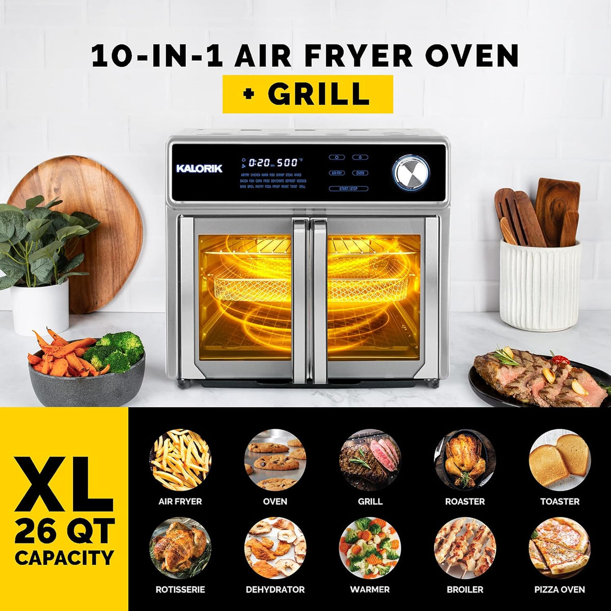 26 Qt Digital Smokeless Indoor Grill and Air Fryer Oven Combo with 11 Accessories, 1700W, Black & Stainless Steel T8719