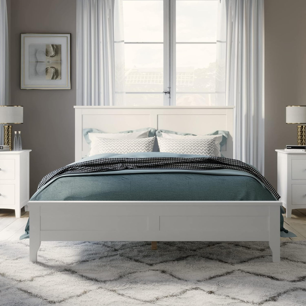 White Full Size Wooden Platform Bed with Headboard G620841