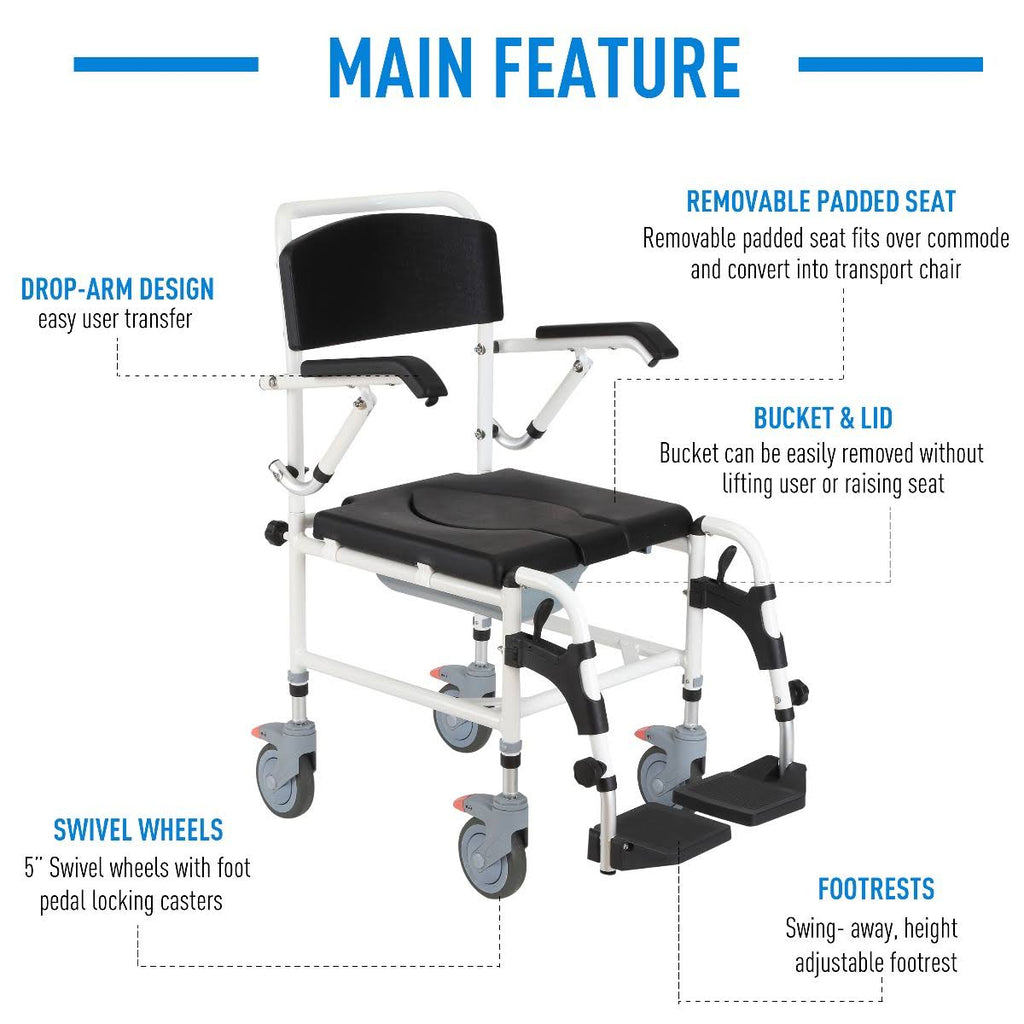 Black Commode Wheelchair with 4 Castor Wheels and Detachable Bucket F4634