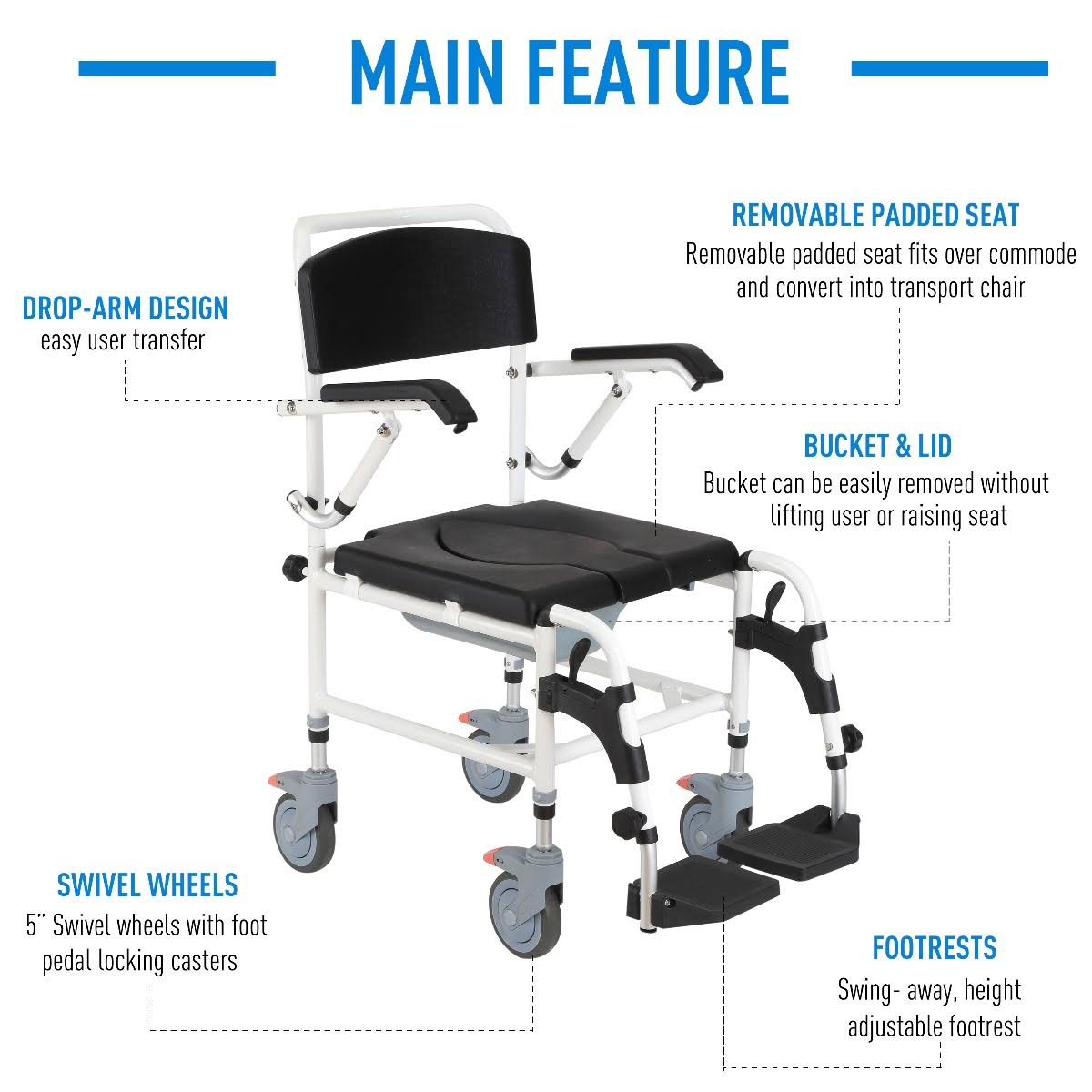 Black Commode Wheelchair with 4 Castor Wheels and Detachable Bucket F4634