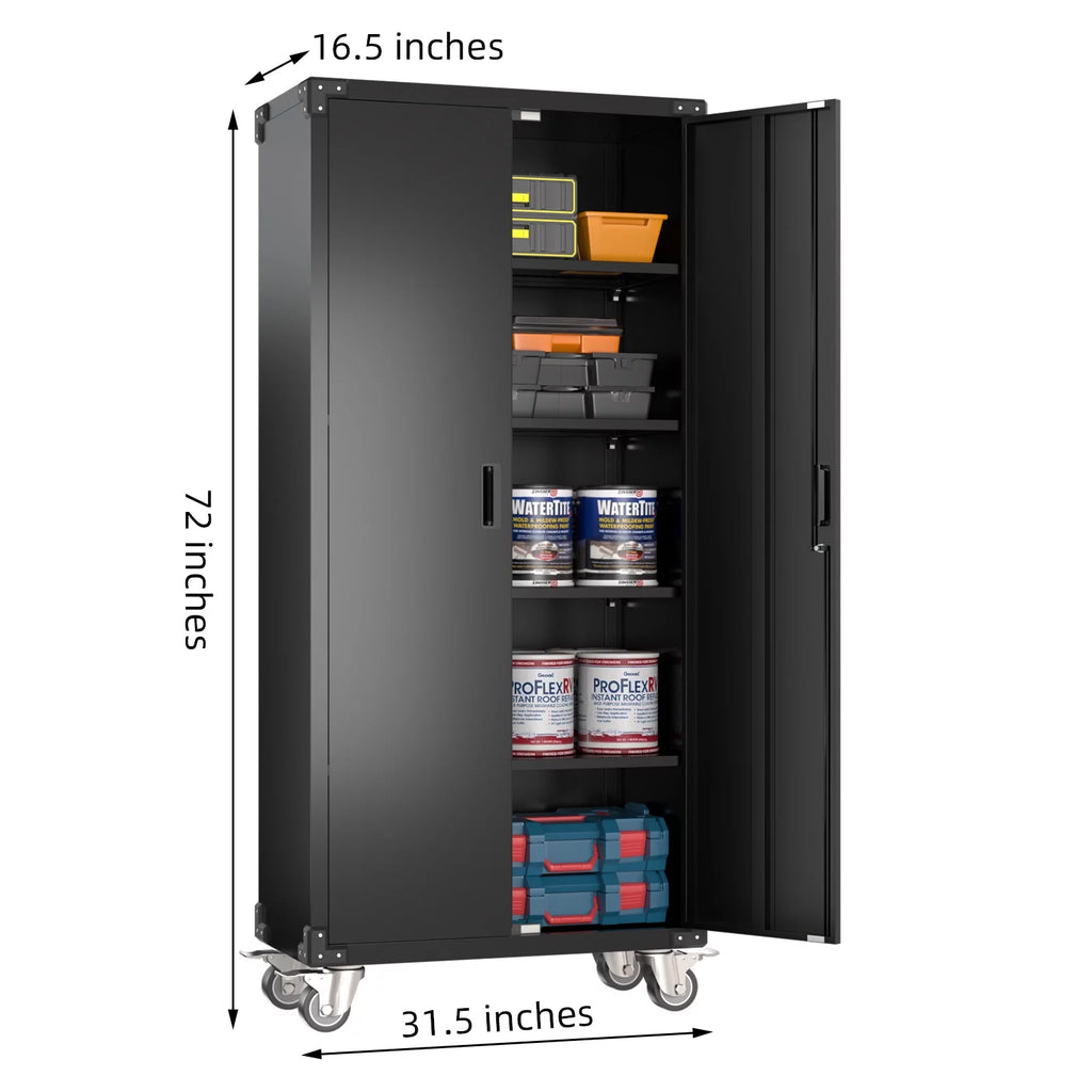 Metal Storage Cabinet with Lock, 72In Steel Storage Cabinet with Wheels, Black J98037