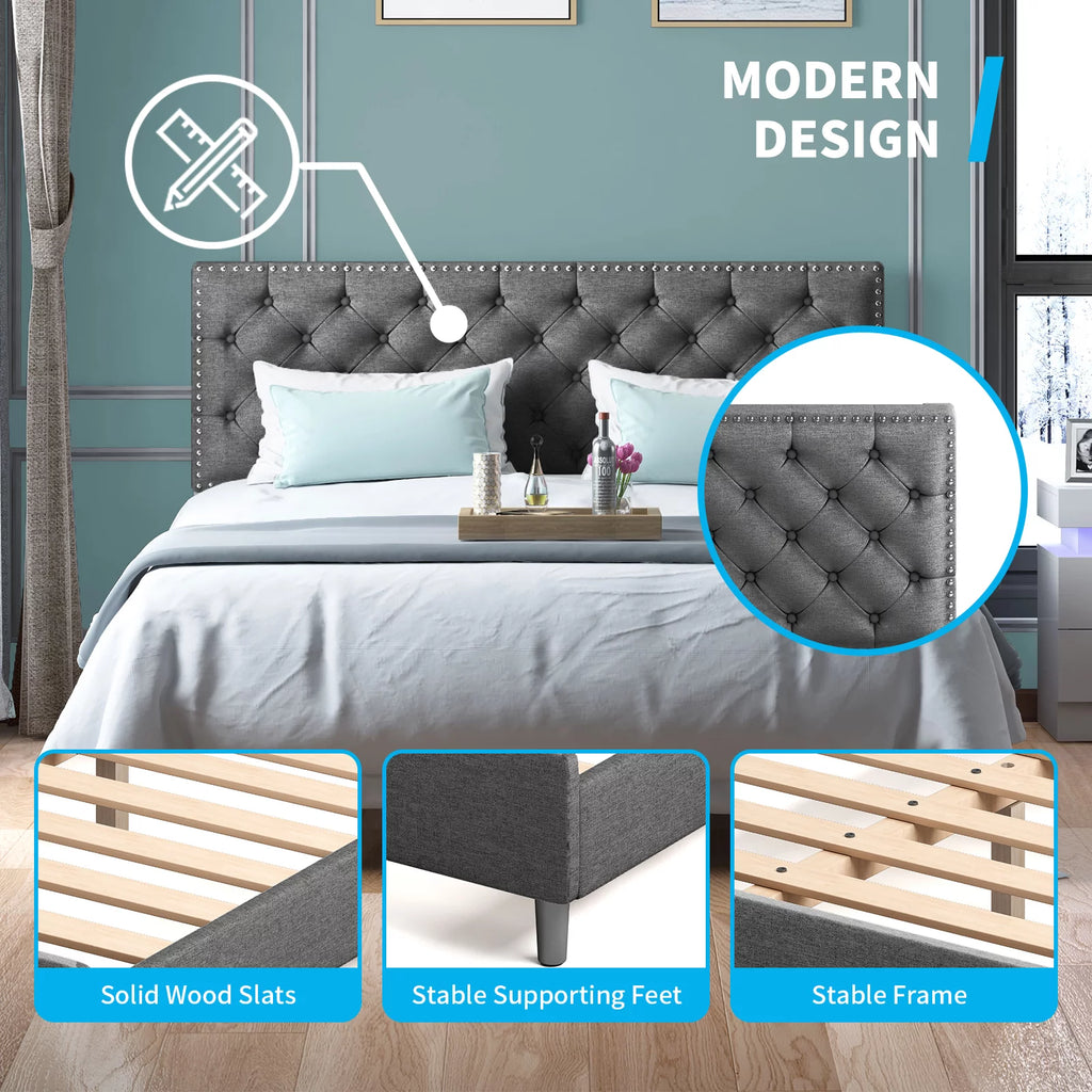 King Size Upholstered Platform Bed Frame with Headboard M3758