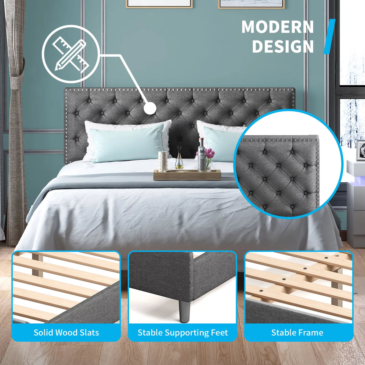 King Size Upholstered Platform Bed Frame with Headboard M3758