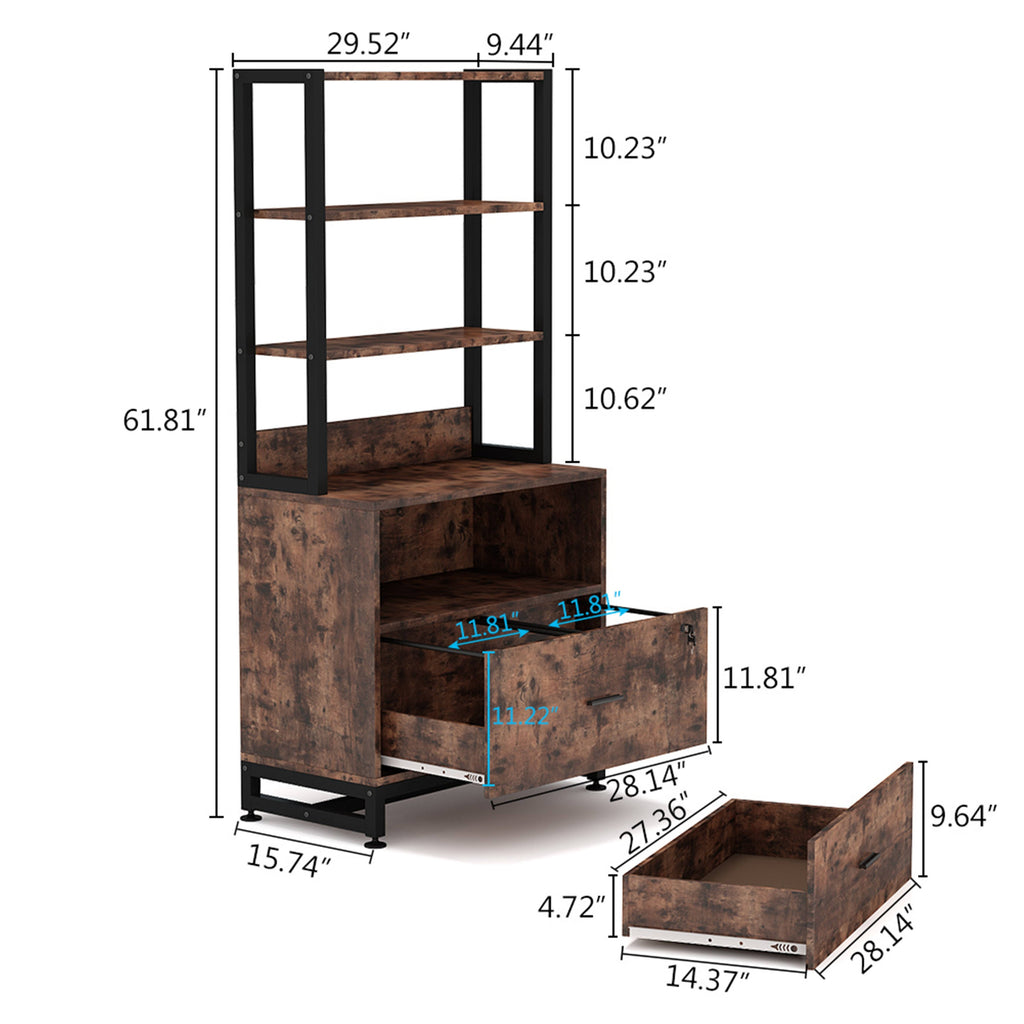 2 Drawer File Cabinet with Lock Bookshelf, Letter Size Printer Stand - Brown Z1998