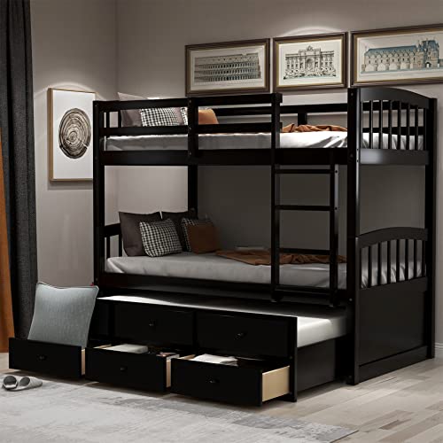 Twin Over Twin Wooden Bunk Bed with Trundle and 3 Storage Drawers N615