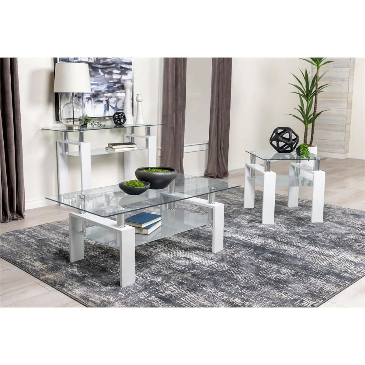 White Metal Glass Top Sofa Table with Shelf H4816