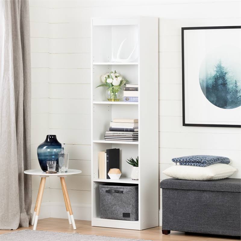 White Desk with Keyboard Tray and 5-Shelf Narrow Bookcase Set Q122