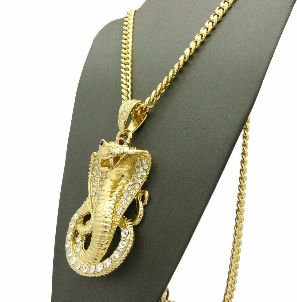 Gold Plated Cubic Zirconia Snake Pendant & 30" Cuban Chain Necklace B6941