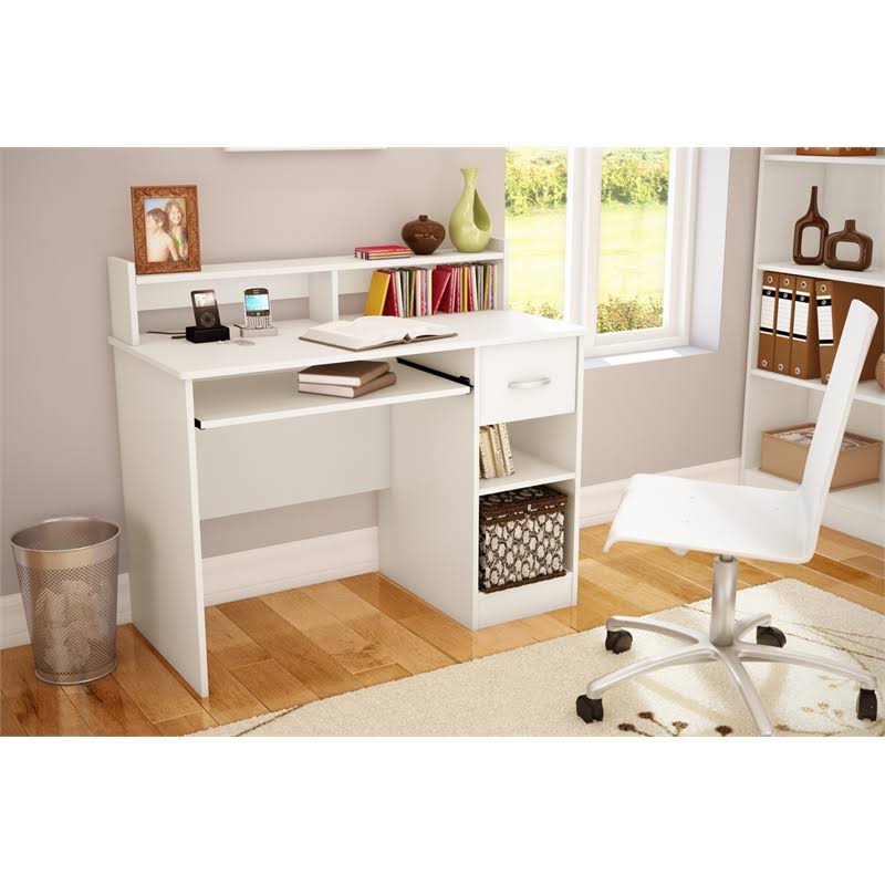 White Desk with Keyboard Tray and 5-Shelf Narrow Bookcase Set Q122