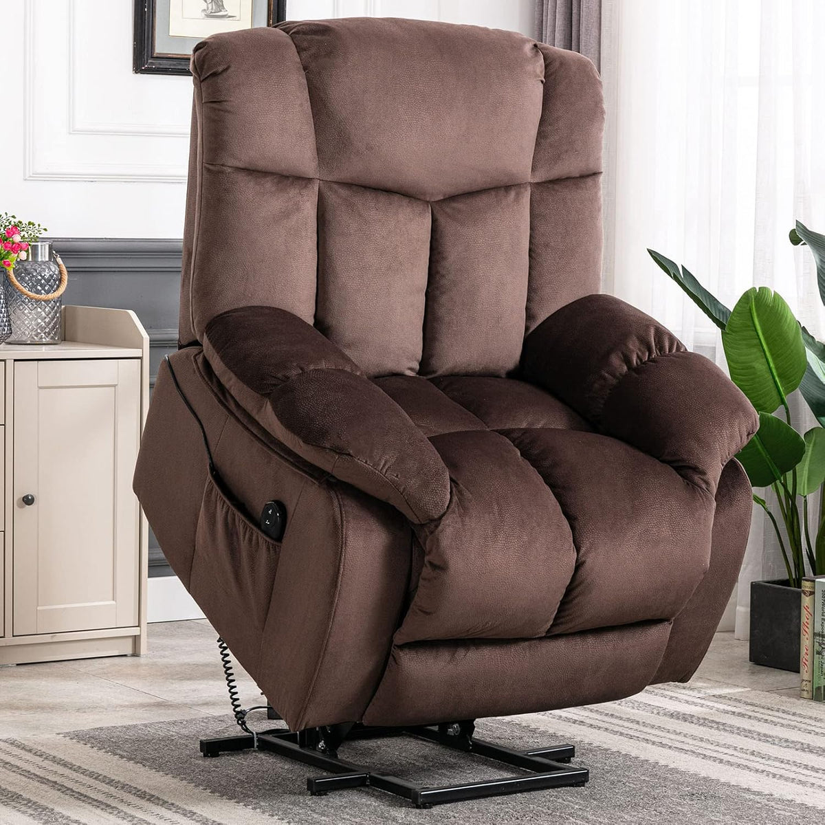 Camel Power Lift Recliner Chair with Overstuffed Design S4202