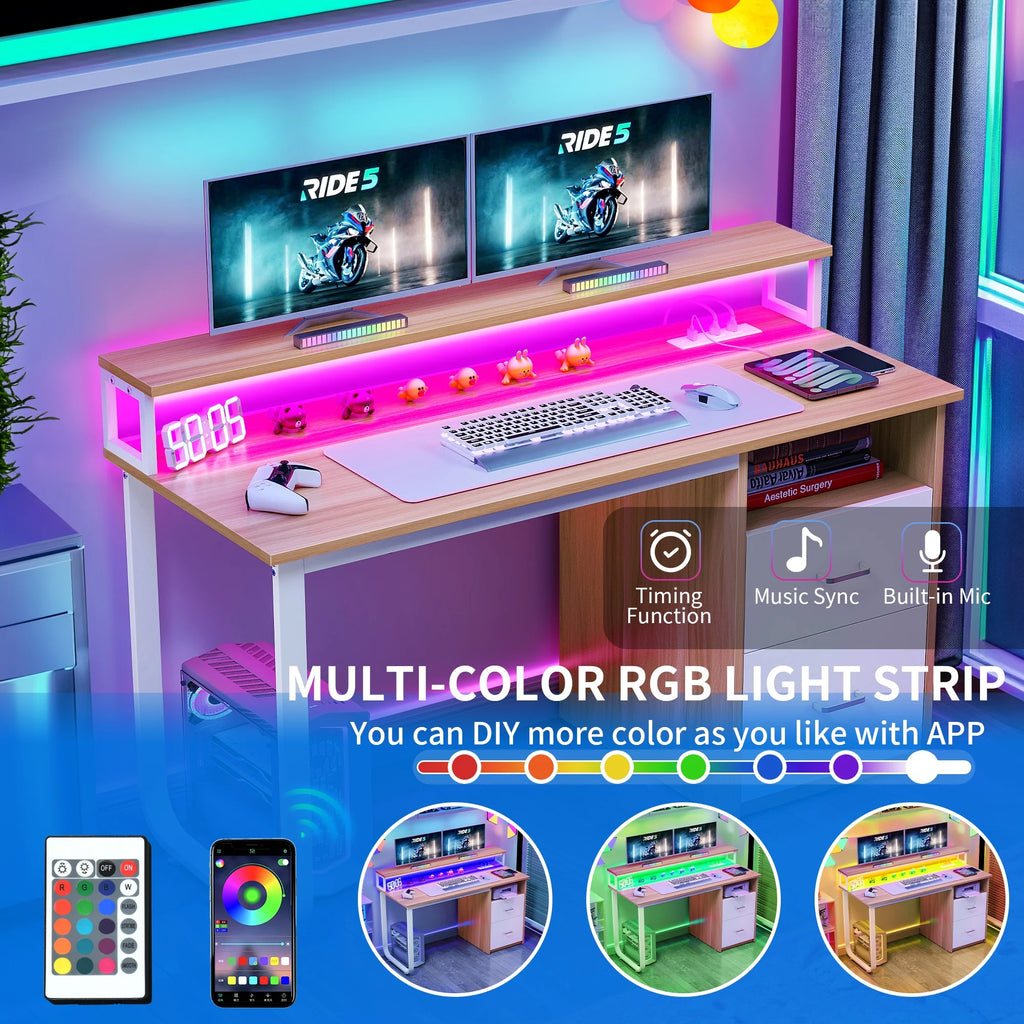 47 inch Computer Desk with Storage Drawers & LED Light, Monitor Stand & Power Outlets G143430