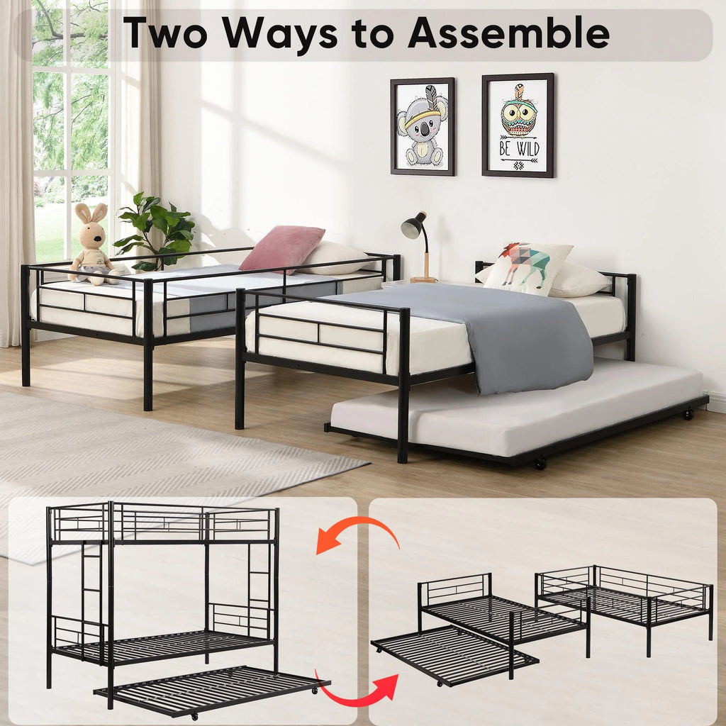 Black Twin Over Twin Metal Bunk Bed with Trundle R264293