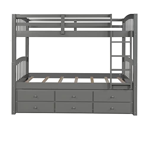 Twin Over Twin Wooden Bunk Bed with Trundle and 3 Storage Drawers N615