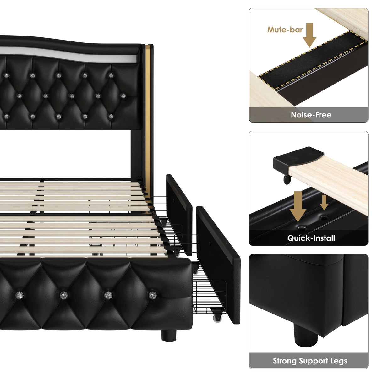 White Queen Size LED Bed Frame with 4 Storage Drawers E6306