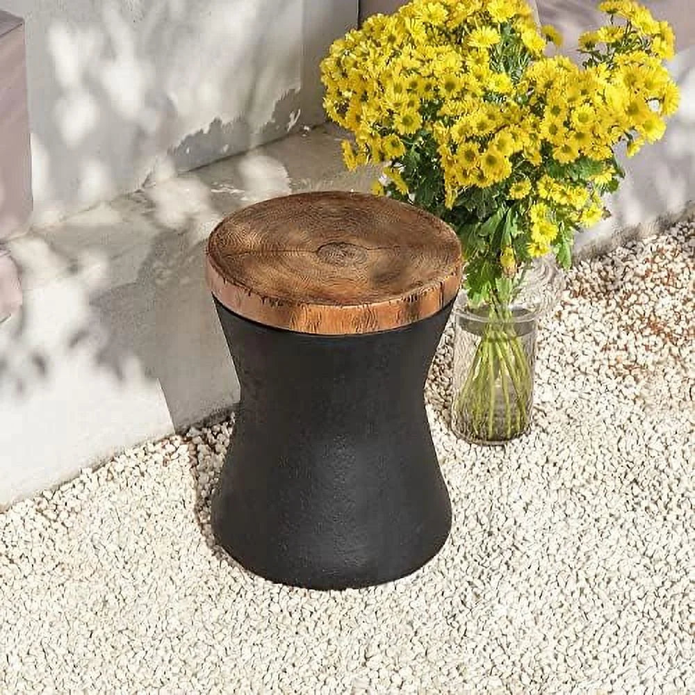 Outdoor End Table Faux-Wood Top Black Base U948