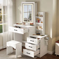 White Vanity Desk with Stool, Sliding Mirror, 4 Drawers & Shelves H761090