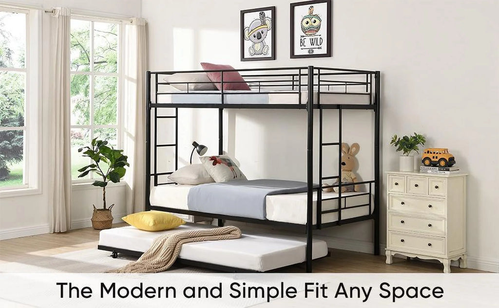 Black Twin Over Twin Metal Bunk Bed with Trundle R264293