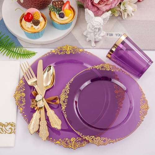 350PCS Clear Gold Plastic Plates Dinnerware Sets L5189