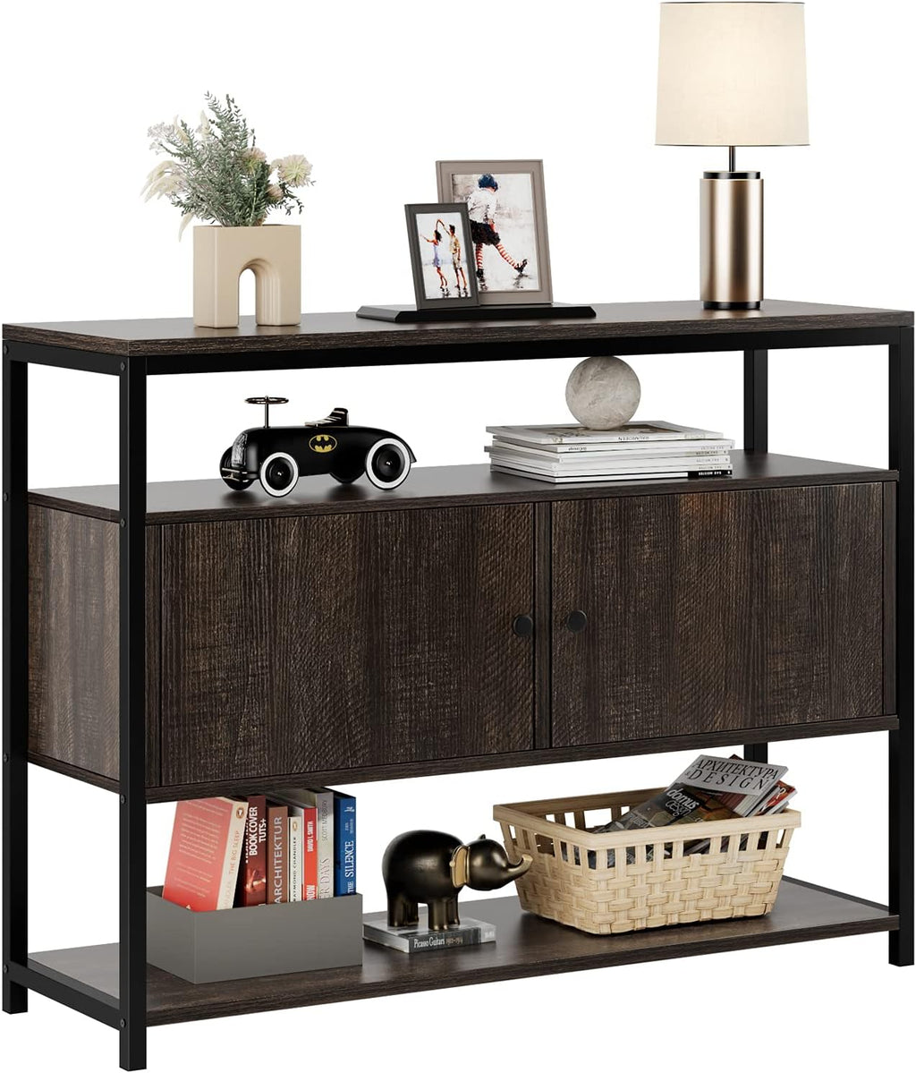 Walnut Brown 3-Tier Console Table with 2 Cabinet Doors E5015