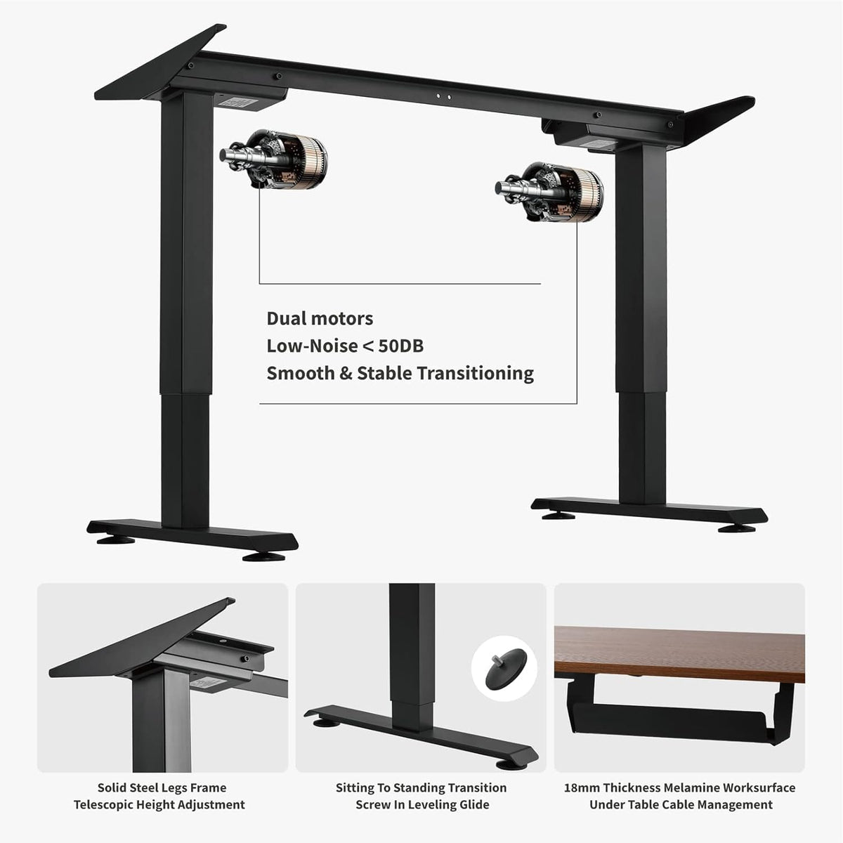 Black Steel Frame Walnut Top Electric Standing Desk, 48 x 24 Inch A497