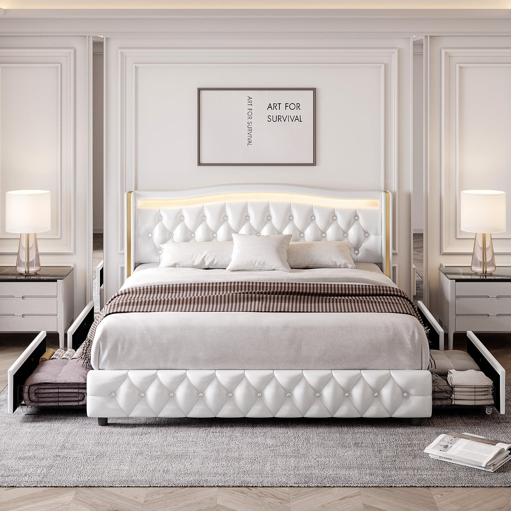 White Queen Size LED Bed Frame with 4 Storage Drawers E6306
