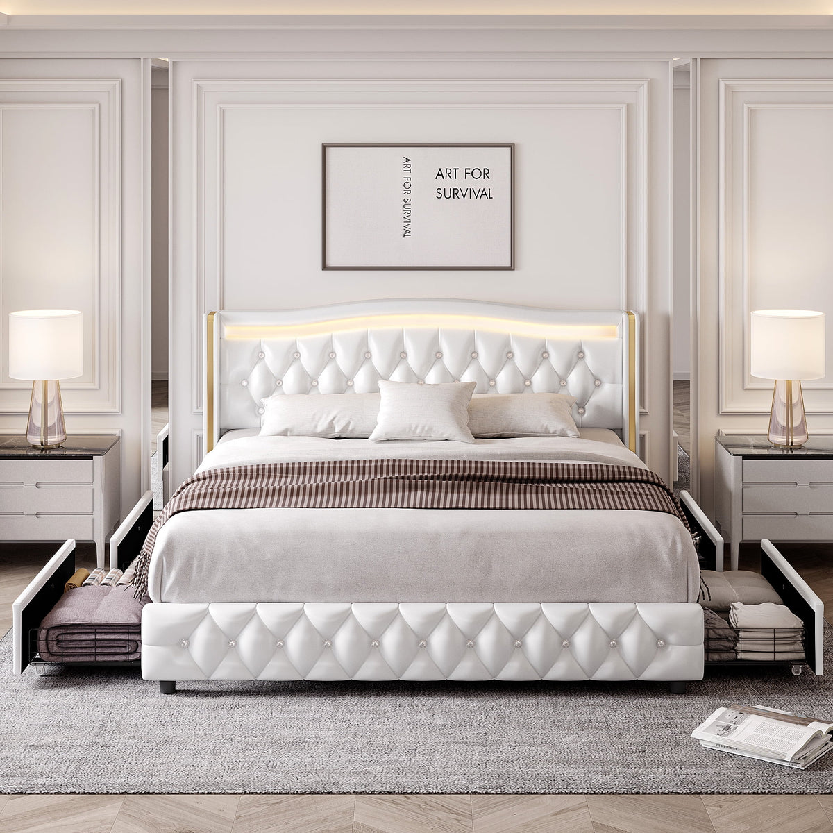 White Queen Size LED Bed Frame with 4 Storage Drawers E6306