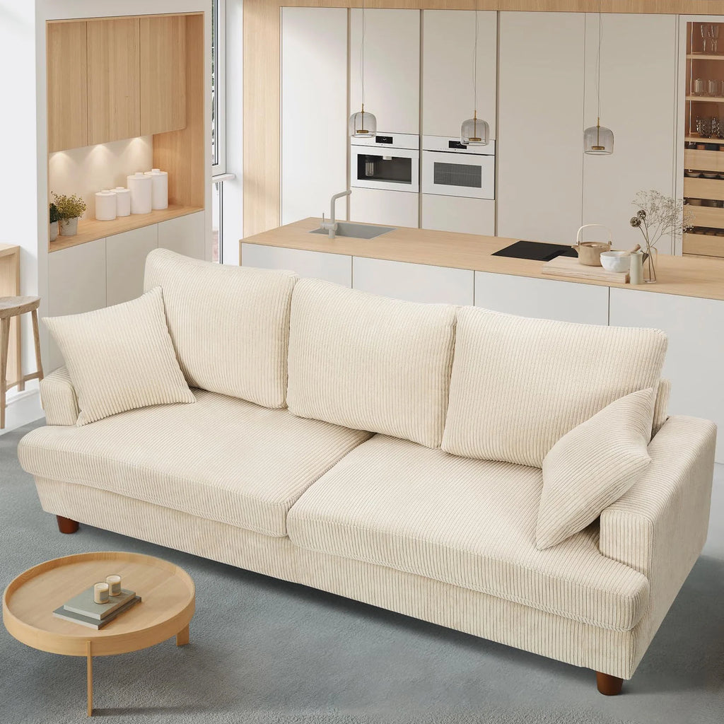 Beige 87" Corduroy 3 Seater Sofa with 2 Pillows L11369