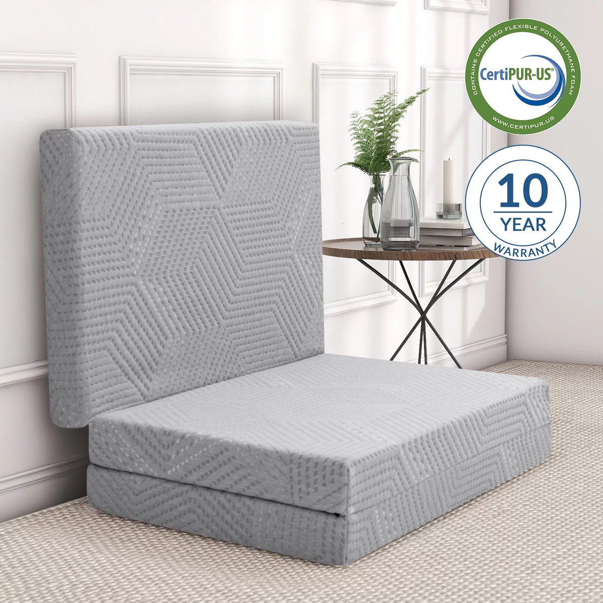 Gray Tri Fold Gel Memory Foam Mattress with Washable Cover S175